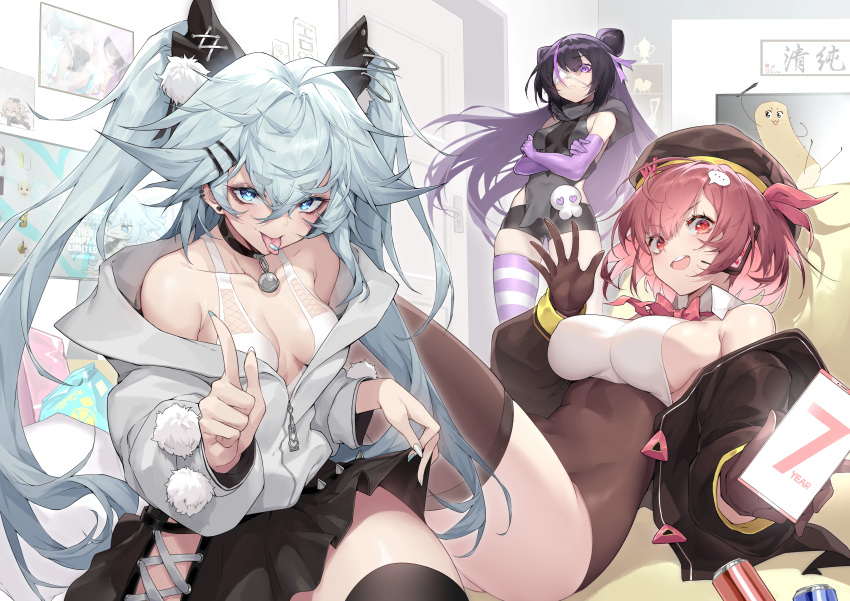 3girls absurdres bare_shoulders black_hair blue_eyes blue_nails breasts capsule cleavage food hair_ornament hairclip highres indoors jacket kneeling lifted_by_self long_hair looking_at_viewer lying microskirt multiple_girls open_clothes open_jacket purple_eyes purple_hair red_eyes red_hair shanyao_jiang_tororo short_hair sideboob skirt standing tongue tongue_out twintails white_nails