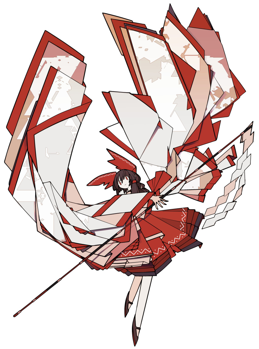 1girl absurdres black_footwear bow brown_hair closed_mouth expressionless frilled_shirt_collar frills full_body gohei hair_bow hair_tubes hakurei_reimu harano_kaguyama highres holding holding_gohei nontraditional_miko red_bow red_eyes red_skirt simple_background skirt solo tagme touhou white_background