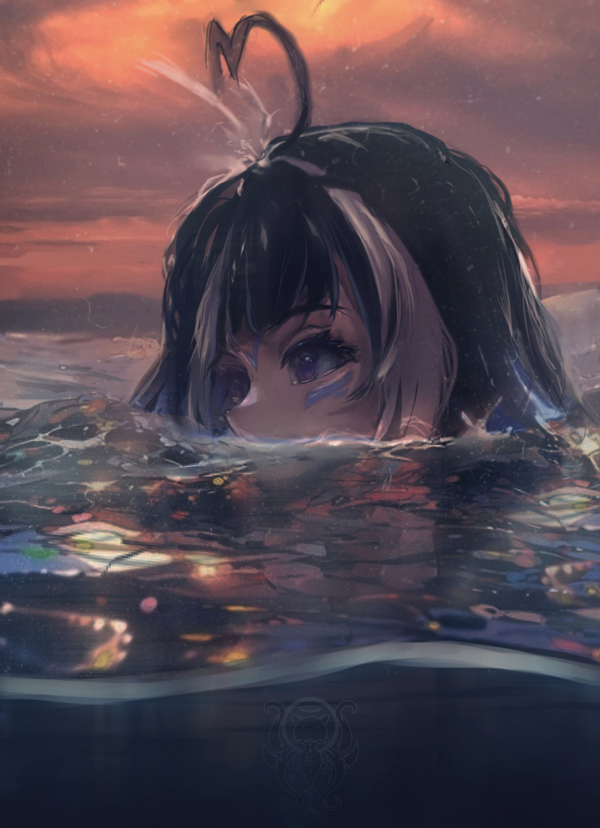 1girl absurdres afloat ahoge animal_ears black_hair blowhole cloud cloudy_sky commentary dusk english_commentary facial_mark from_side highres indie_virtual_youtuber looking_to_the_side multicolored_hair ocean orange_sky orca_girl outdoors partially_submerged partially_underwater_shot peeking_out portrait purple_eyes reflection reflective_water shylily sky solo streaked_hair taku_artworks two-tone_hair virtual_youtuber water watermark white_hair