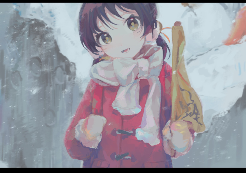 1girl backpack bag black_hair bow coat commentary_request flag hair_bobbles hair_ornament head_tilt highres holding holding_flag holding_strap kaai_yuki kananishi light_blush long_sleeves looking_at_viewer low_twintails open_mouth outdoors red_coat rubble scarf scarf_bow smile snow snowing solo straight-on twintails upper_body vocaloid white_mittens white_scarf winter_clothes winter_coat yellow_eyes