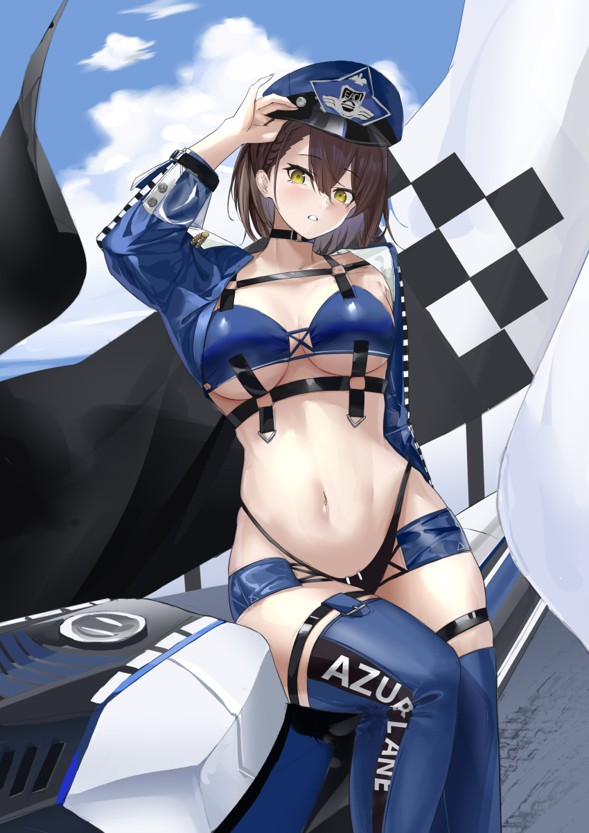 1girl absurdres arm_up azur_lane baltimore_(azur_lane) baltimore_(finish_line_flagbearer)_(azur_lane) bikini black_bikini blue_bikini blue_footwear blue_headwear blue_jacket blue_shorts blue_sky blush boots braid breasts brown_hair chest_harness choker cleavage cloud collarbone cowboy_shot cropped_jacket day feixiangdeguoli flag french_braid hair_between_eyes harness hat highleg highleg_bikini highres jacket large_breasts long_sleeves looking_at_viewer micro_shorts mismatched_bikini motor_vehicle motorcycle navel official_alternate_costume on_motorcycle open_clothes open_jacket outdoors parted_lips peaked_cap race_queen short_hair shorts sidelocks sitting skindentation sky solo stomach swimsuit thigh_boots underboob yellow_eyes