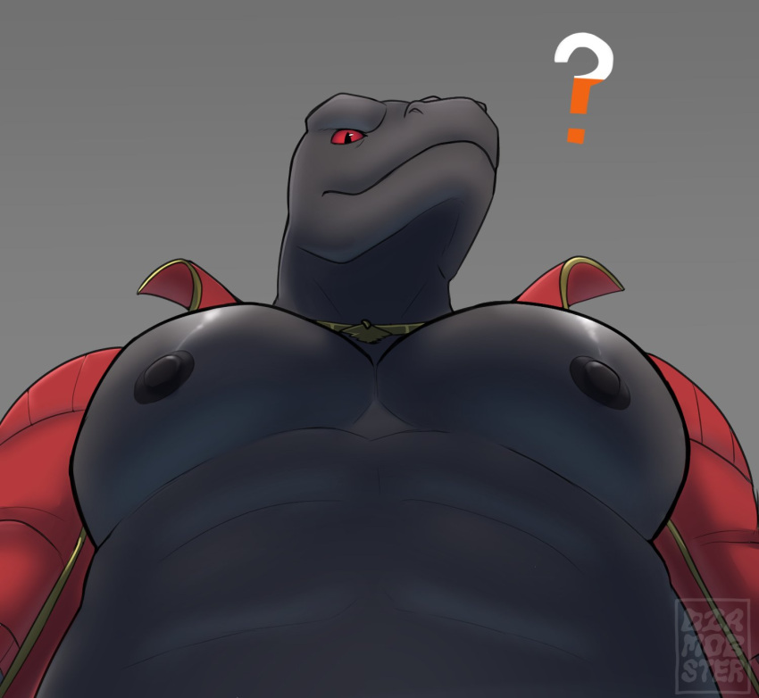 2023 ?! abs anthro areola big_pecs clothing diamobster digital_media_(artwork) epic_games fortnite grey_background grey_body hi_res jacket jewelry komodo_dragon lizard looking_at_viewer looking_down looking_down_at_viewer low-angle_view male monitor_lizard muscular muscular_anthro muscular_male necklace nipples non-mammal_nipples pecs pupils red_eyes reptile scalie shirtless simple_background slit_pupils solo thunder_(fortnite) topwear