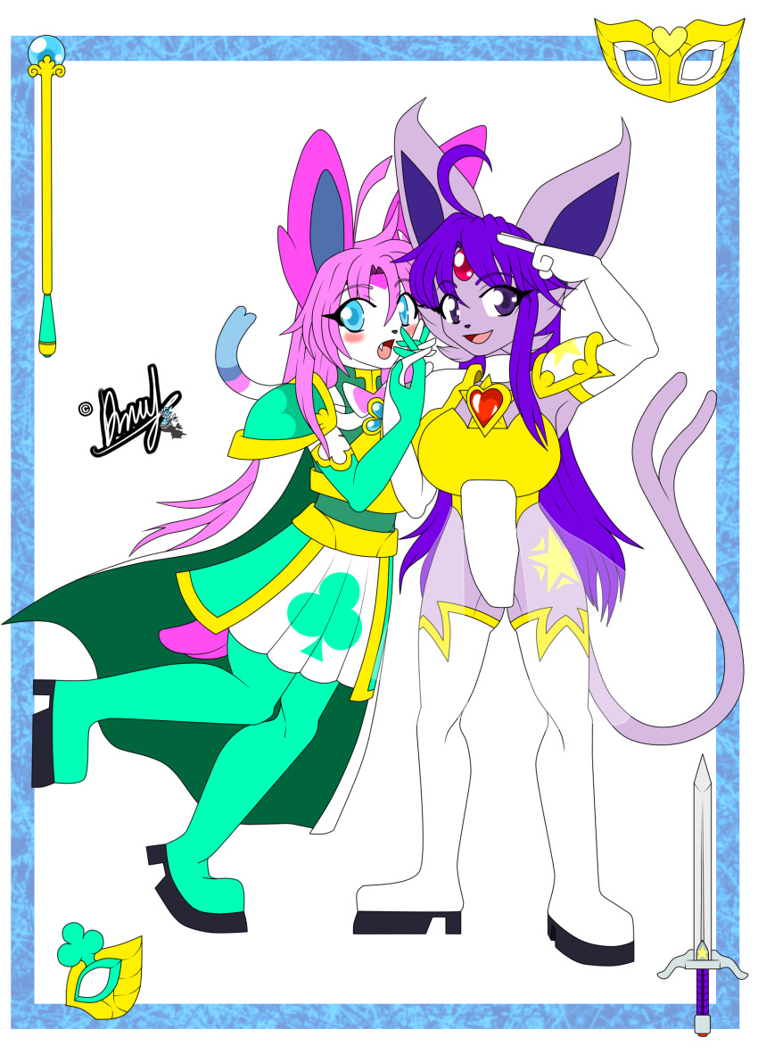 2017 absurd_res ahoge anthro armor blue_eyes bottomwear cape clothing cute_expression derthevaporeon duo eeveelution espeon exposed_hips female forked_tail generation_2_pokemon generation_6_pokemon gesture hair head_gem hi_res jewelry kagome_(sugarysylvee) mask nintendo pink_hair pokemon pokemon_(species) purple_eyes purple_hair ribbons salute shoulder_pads simple_background skirt smile smiling_at_viewer surprised_expression sylveon tail takume_(derthevaporeon) unusual_anatomy unusual_tail weapon white_background