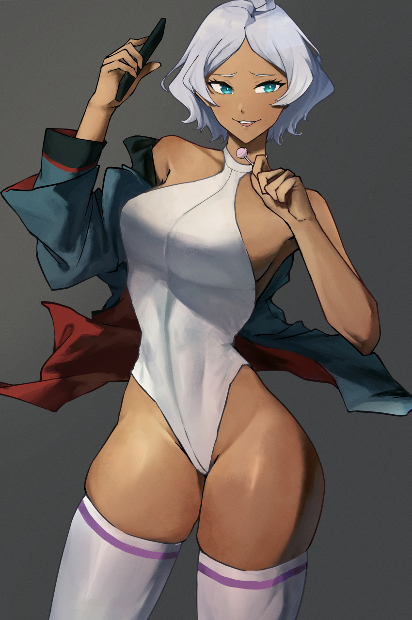 1girl absurdres blue_eyes breasts candy commentary_request contrapposto controller dark-skinned_female dark_skin food grey_background gundam gundam_suisei_no_majo halterneck highleg highleg_leotard highres holding holding_candy holding_food holding_lollipop holding_remote_control jacket large_breasts leotard linea_alba lollipop madoro_q off_shoulder open_clothes open_jacket parted_bangs remote_control secelia_dote short_hair sideboob solo standing thick_thighs thighhighs thighs white_hair white_leotard white_thighhighs