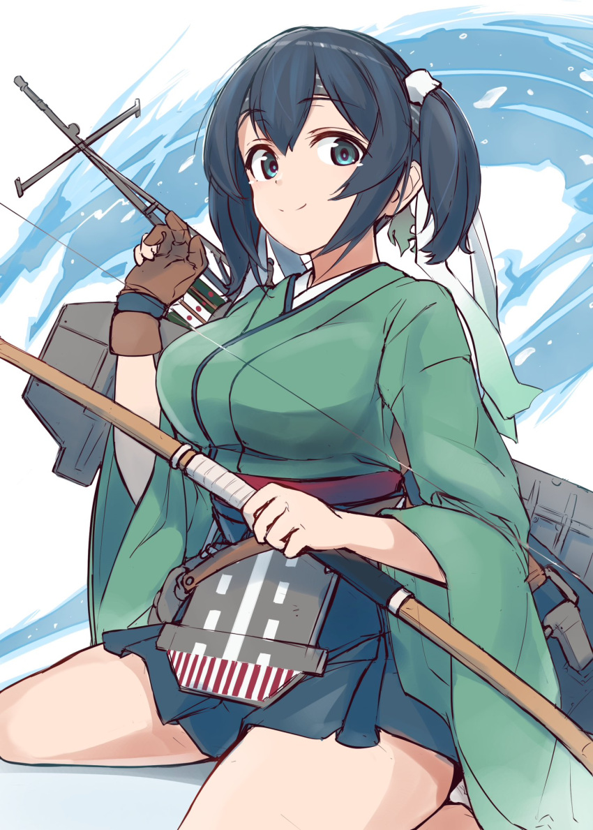 1girl blue_eyes blue_hair blue_skirt breasts flight_deck green_kimono highres holding holding_weapon japanese_clothes kantai_collection kimono looking_at_viewer minosu skirt smile solo souryuu_(kancolle) weapon wide_sleeves