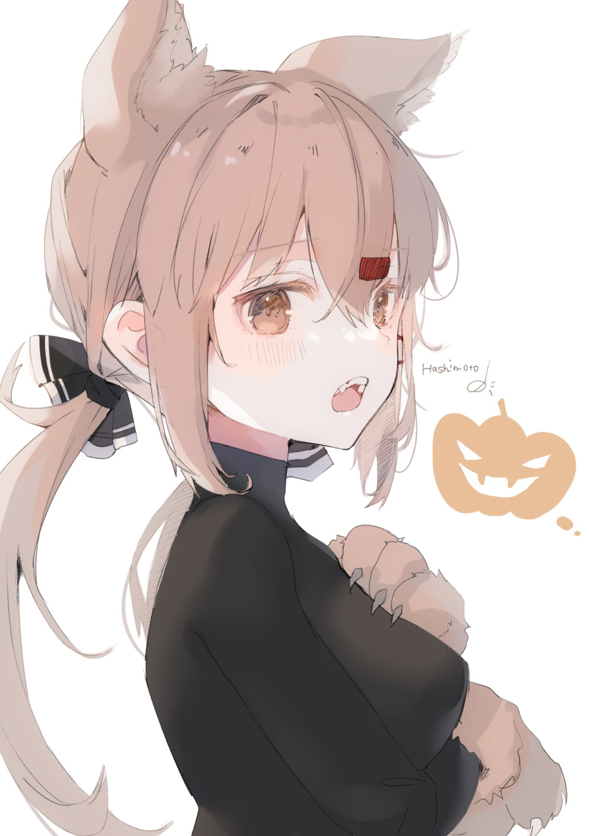 1girl absurdres animal_ear_fluff animal_ears animal_hands black_bow black_shirt blush bow breasts brown_eyes brown_gloves brown_hair cat_ears fang from_side gloves hair_between_eyes hair_bow hair_ornament hairclip halloween halloween_costume highres jack-o'-lantern kantai_collection long_hair long_sleeves low_twintails medium_breasts paw_gloves raymie0124 shirt signature simple_background solo tashkent_(kancolle) twintails upper_body white_background