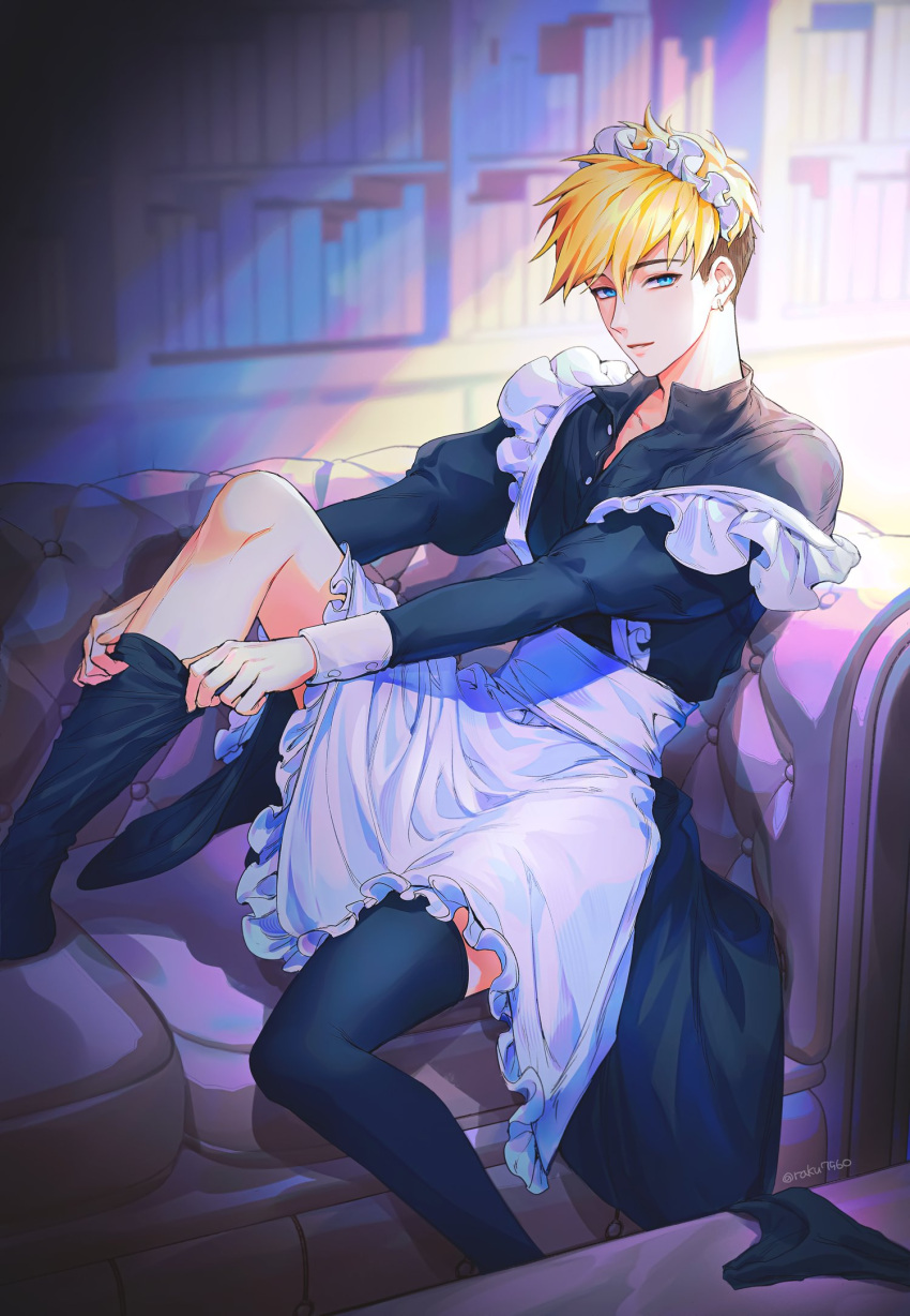 1boy alternate_costume apron black_dress black_hair black_panties black_thighhighs blonde_hair blue_eyes bookshelf collared_dress couch crossdressing dress dressing earrings enmaided feet_out_of_frame frilled_apron frills highres indoors jewelry juliet_sleeves knee_up long_sleeves looking_at_viewer maid maid_apron maid_headdress male_focus mole mole_under_eye multicolored_hair panties panties_removed parted_lips partially_unbuttoned puffy_sleeves putting_on_legwear raku7560 short_hair sitting smile strap_slip table thighhighs trigun trigun_stampede two-tone_hair undercut underwear vash_the_stampede white_apron