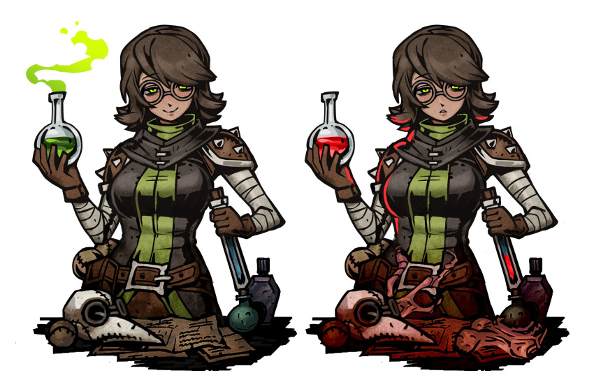 1girl bandaged_arm bandages breasts brown_gloves brown_hair chinese_commentary darkest_dungeon gloves green_eyes h_ikenuma highres looking_at_viewer medium_breasts medium_hair papers parted_lips plague_doctor_(darkest_dungeon) plague_doctor_mask potion round_eyewear shoulder_spikes simple_background smile spiked_pauldrons spikes variations vial white_background