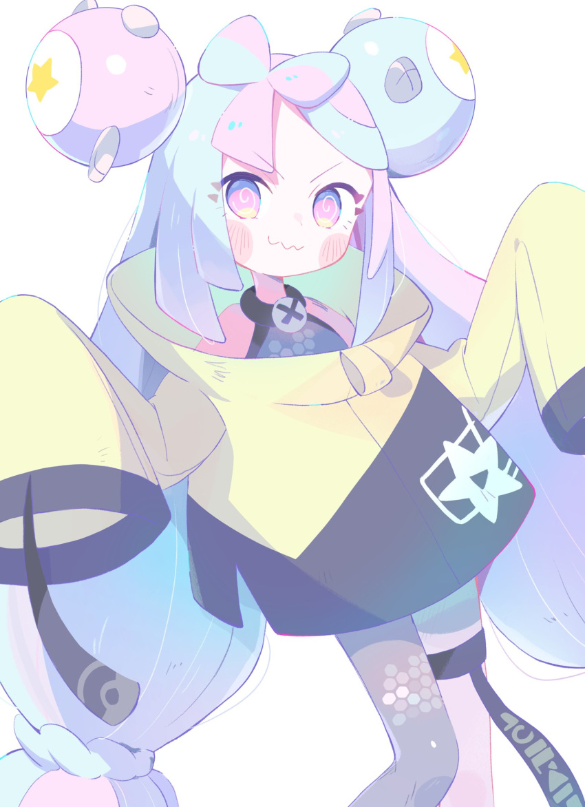 &gt;:) asymmetrical_legwear blush bow character_hair_ornament closed_mouth gaogao_(gaogaomegu) hair_bow hair_ornament highres iono_(pokemon) long_hair magnemite mismatched_legwear multicolored_hair oversized_clothes pantyhose pastel_colors pokemon pokemon_(game) pokemon_sv sharp_teeth split-color_hair teeth two-tone_hair v-shaped_eyebrows variant_set very_long_hair very_long_sleeves white_background