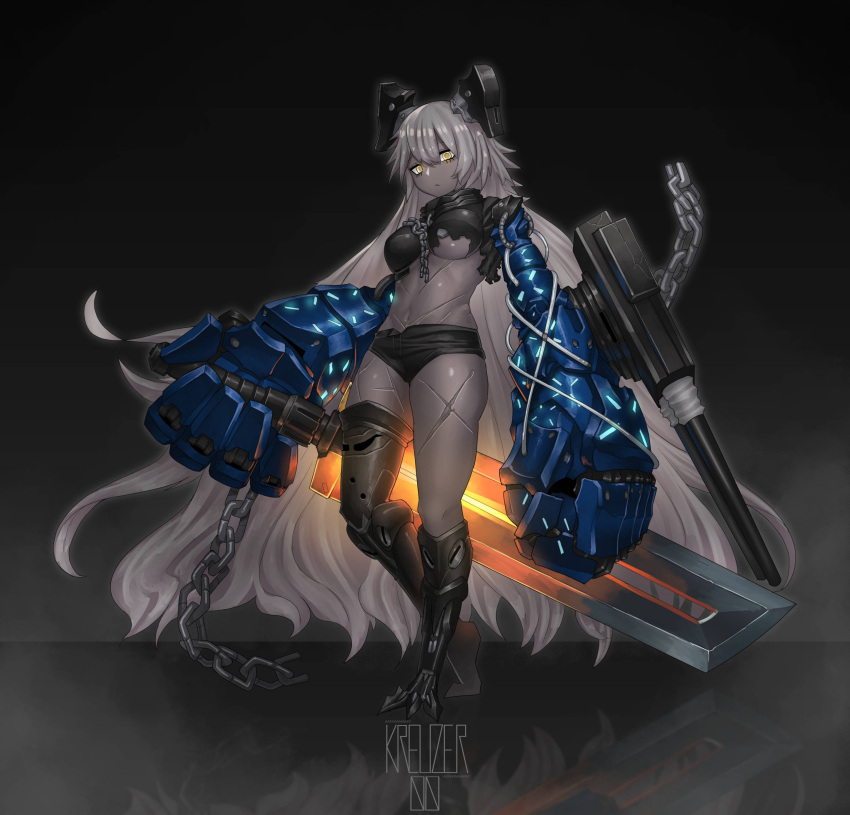 1girl absurdres arbiter_strength_viii_(azur_lane) azur_lane black_footwear black_shirt black_shorts black_thighhighs breasts chain claws closed_mouth commission dark-skinned_female dark_skin full_body gorget grey_hair hair_between_eyes headgear highres holding holding_sword holding_weapon huge_weapon kreuzer_00 long_hair looking_at_viewer mechanical_arms medium_breasts reflection scar scar_on_leg scar_on_stomach shirt shorts signature single_thighhigh siren_(azur_lane) solo standing sword thighhighs torn_clothes torn_shirt underboob very_long_hair weapon yellow_eyes