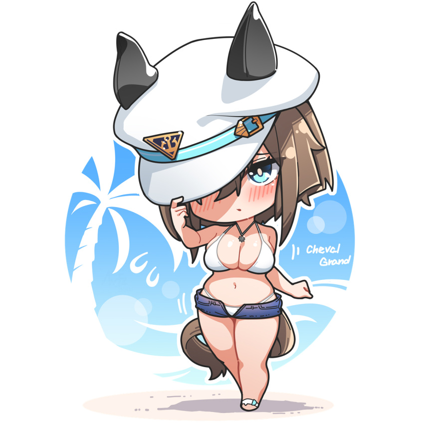 1girl animal_ears bare_shoulders bikini blue_eyes blue_shorts blush breasts brown_hair cheval_grand_(umamusume) chibi commentary ear_covers full_body hand_up hat hat_ornament highres horse_ears horse_girl horse_tail jewelry large_breasts looking_at_viewer medium_hair navel open_fly parted_lips peaked_cap round_image shorts skindentation solo standing swimsuit swimsuit_under_clothes tail thighs umamusume warashi white_bikini white_headwear