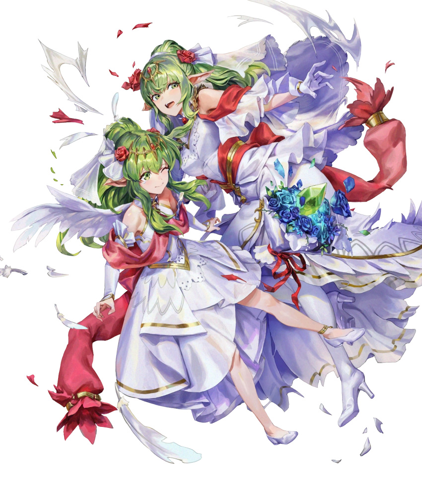 2girls breasts bridal_veil dress feather_trim fire_emblem fire_emblem:_mystery_of_the_emblem fire_emblem_awakening fire_emblem_heroes flower gesoking green_eyes grey_hair high_heels highres jewelry long_hair medium_breasts multiple_girls non-web_source official_art pantyhose pointy_ears ponytail tiara tiki_(adult)_(fire_emblem) tiki_(fire_emblem) tiki_(young)_(fire_emblem) transparent_background veil wedding_dress white_dress