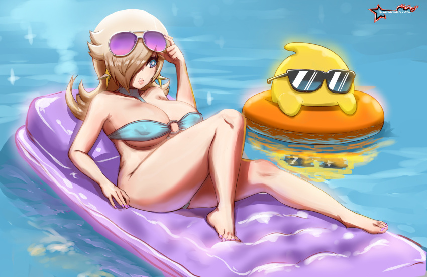 1boy 1girl absurdres adjusting_eyewear awesomeerix bikini blonde_hair breasts cleavage covered_nipples earrings hair_over_one_eye highres impossible_clothes impossible_swimsuit inflatable_raft innertube jewelry large_breasts looking_at_viewer luma_(mario) lying mario_(series) on_back reclining rosalina star_(symbol) star_earrings sunglasses super_mario_galaxy swimsuit water