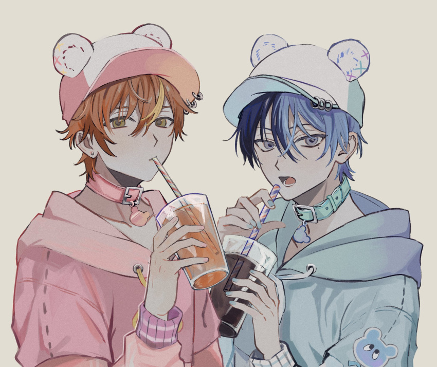 2boys alternate_costume animal_hat aoyagi_touya baseball_cap belt_buckle belt_collar blue_eyes blue_hair buckle collar commentary cup dark_blue_hair drawstring drinking_glass drinking_straw green_eyes hair_between_eyes hand_up hands_up hat highres holding holding_cup holding_drinking_straw hood hood_down long_sleeves looking_at_viewer male_focus mole mole_under_mouth multicolored_hair multiple_boys open_clothes orange_eyes project_sekai shinonome_akito short_hair simple_background so17p split-color_hair streaked_hair two-tone_hair upper_body