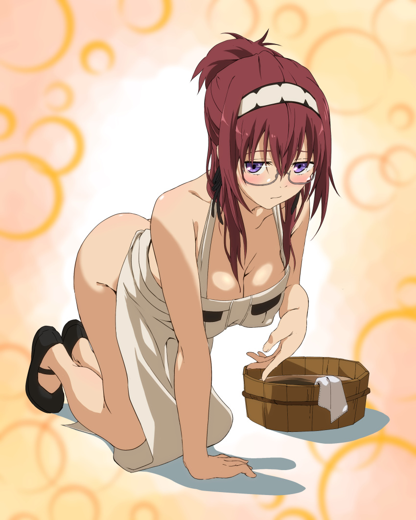 1girl absurdres apron bare_shoulders black_footwear blush breasts bucket cleaning cleavage covered_nipples glasses hairband highres hugimosi large_breasts lillia_greyrat long_hair looking_at_viewer mature_female mushoku_tensei naked_apron purple_eyes red_hair solo white_apron white_hairband wooden_bucket