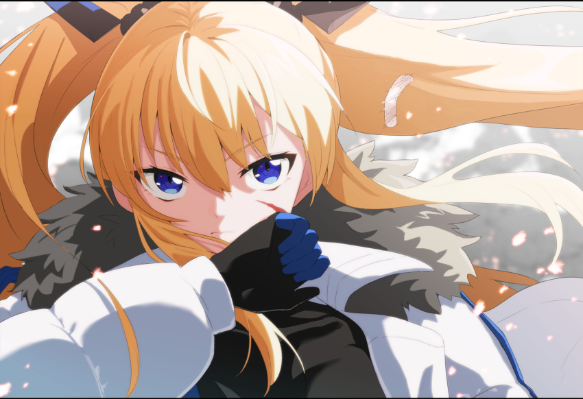 1girl armored_gloves bandaid black_bodysuit blonde_hair blood blood_on_face blue_eyes bodysuit coat fur_collar goddess_of_victory:_nikke headgear laplace_(nikke) long_hair scar scar_on_face serious shiime sidelocks solo twintails upper_body white_coat wiping_face