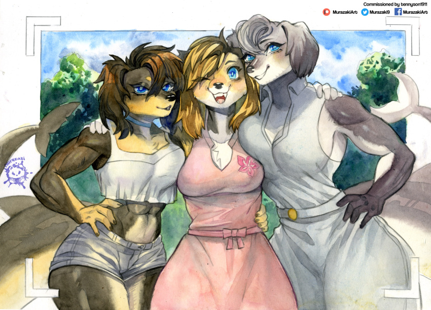 abs absurd_res anthro bottomwear breasts canid canine canis cleavage clothed clothing domestic_dog female fish fur group hand_on_hip hi_res hybrid mammal marine murazaki shark shorts trio