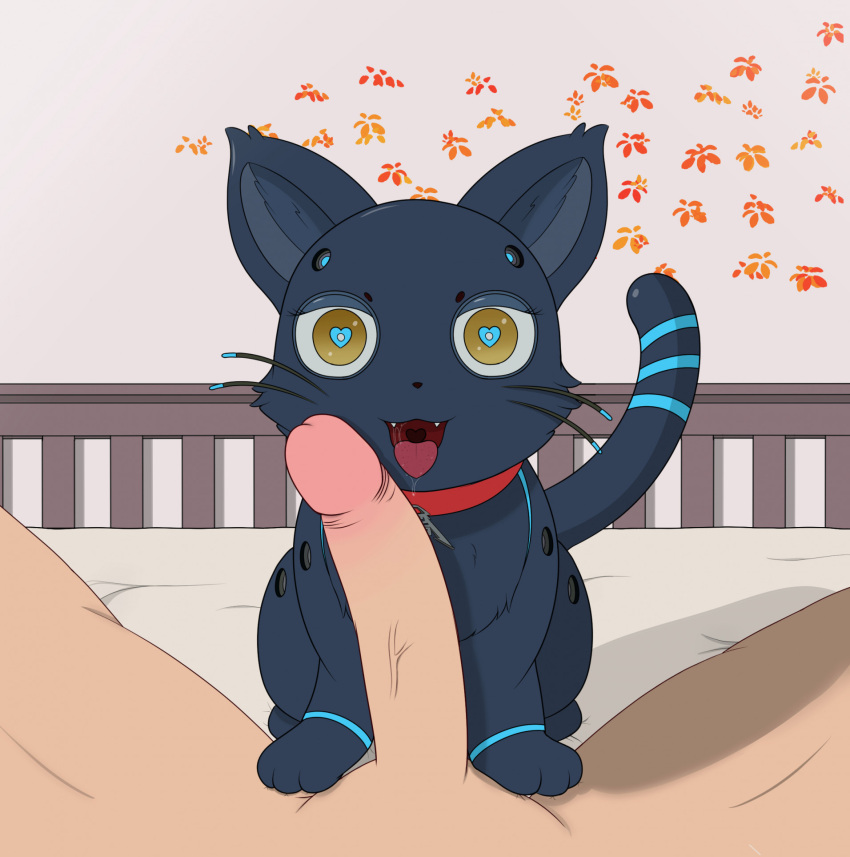 &lt;3 &lt;3_eyes 2023 808_(hi-fi_rush) amber_eyes ambiguous_gender bed bestiality bethesda_softworks black_body black_fur black_nose blue_markings blue_pupils bodily_fluids collar collar_tag cute_fangs digital_media_(artwork) dipstick_tail domestic_cat dripping duo erection felid feline felis feral first_person_view fur fur_markings furniture genitals grey_inner_ear grey_inner_ear_fluff heart_pupils hi-fi_rush hi_res human human_on_feral inner_ear_fluff interspecies larger_human looking_at_viewer machine male male/ambiguous mammal markings open_mouth penis pupils quadruped red_collar robot saliva saliva_drip saliva_string size_difference smaller_feral striped_markings stripes tail tail_markings territhekobold tongue tongue_out tuft vein veiny_penis whisker_markings whiskers yellow_eyes