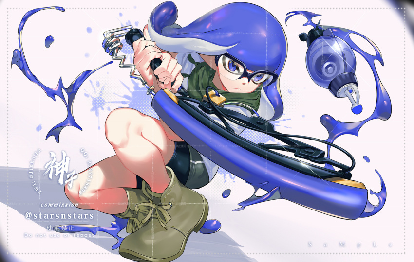 1boy artist_name blue_eyes blue_hair commentary commission green_footwear highres holding holding_sword holding_weapon inkling inkling_boy jinkobanana medium_hair paint paint_splatter sample_watermark shirt shoes simple_background solo splatana_wiper_(splatoon) splatoon_(series) sword symbol-only_commentary torpedo_(splatoon) watermark weapon white_background white_shirt