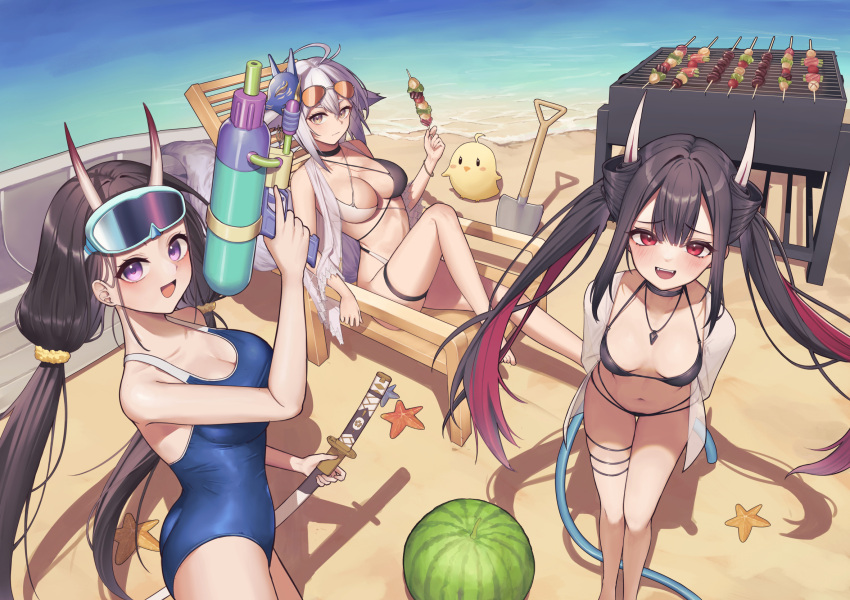 3girls akashiro_yulice alternate_costume ass aviator_sunglasses azur_lane beach bikini black_bikini black_choker black_hair blue_one-piece_swimsuit breasts brown_hair butt_crack choker cleavage cowboy_shot criss-cross_halter day diving_mask diving_mask_on_head feet_out_of_frame food fox_mask fruit full_body goggles goggles_on_head grey_hair halterneck hatsuzuki_(august's_first_romance)_(azur_lane) hatsuzuki_(azur_lane) highleg highleg_bikini highres holding holding_hose holding_sword holding_water_gun holding_weapon horns hose large_breasts long_hair looking_at_viewer manjuu_(azur_lane) mask mask_on_head multi-strapped_bikini_bottom multicolored_hair multiple_girls noshiro_(azur_lane) official_alternate_costume one-piece_swimsuit oni_horns outdoors red_eyes sheath sheathed shovel sitting small_breasts standing streaked_hair summer sunglasses swimsuit sword tosa_(azur_lane) tosa_(hometown_zest)_(azur_lane) twintails two-tone_bikini two-tone_hair very_long_hair water_gun watermelon weapon