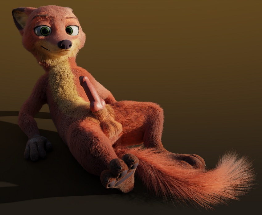 3d_(artwork) animal_genitalia animal_penis anthro balls belly black_nose blender_(software) canid canine canine_genitalia canine_penis claws digital_media_(artwork) disney erection fluffy fluffy_tail fox front_view fur genitals gloves_(marking) gradient_background green_eyes half-closed_eyes long_body looking_at_viewer lying male mammal markings narrowed_eyes nick_wilde nude on_back orange_body orange_fur pawpads penis pink_penis rockyrcoon short_legs simple_background smile solo tail yellow_belly zootopia