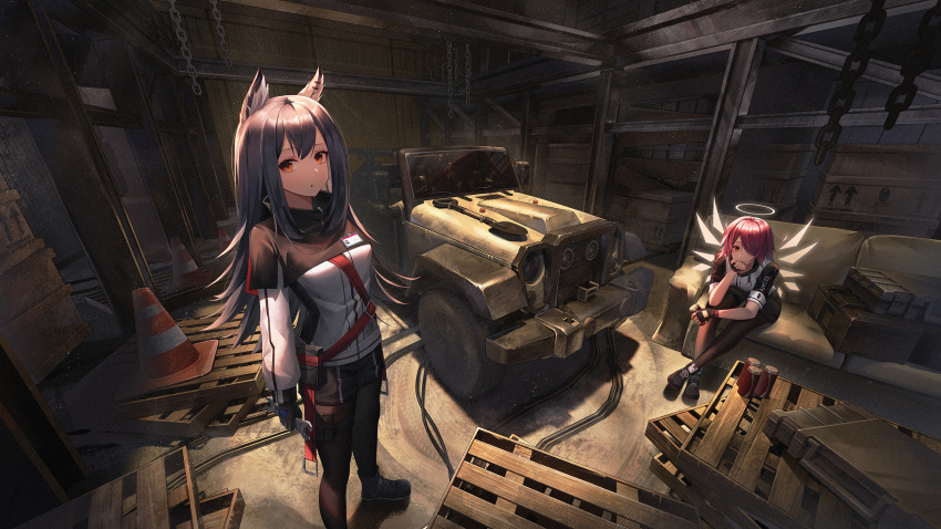 2girls animal_ears arknights black_footwear black_gloves black_pantyhose black_shorts blue_hair brown_pantyhose can car chain english_commentary exusiai_(arknights) fingerless_gloves gloves hair_over_one_eye halo head_rest highres indoors long_hair looking_at_viewer motor_vehicle multiple_girls one_eye_covered orange_hair pantyhose red_eyes red_hair shirt shoes short_hair short_sleeves shorts sitting standing texas_(arknights) traffic_cone wa_(user_snch2757) white_shirt wings