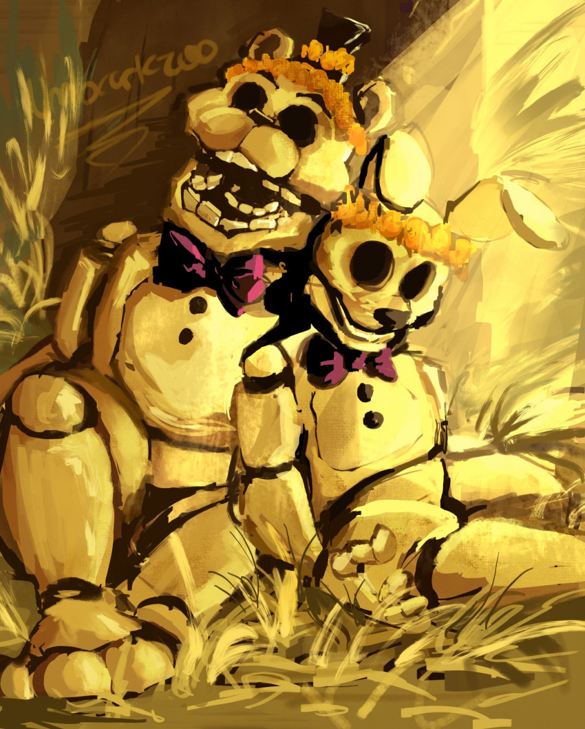 animatronic bow_tie detailed digital_media_(artwork) duo five_nights_at_freddy's flower flower_crown forest golden_freddy_(fnaf) hi_res machine painting plant robot scottgames shaded tagme tree watermark zooskazoo