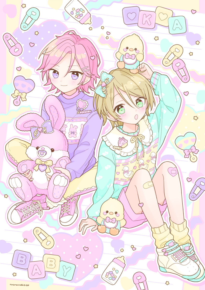 2boys bandaid bandaid_on_knee bandaid_on_leg blonde_hair blush bow closed_mouth ensemble_stars! full_body green_eyes green_jacket hair_bow hair_ornament happypuppy_guu heart heart_hair_ornament highres jacket long_sleeves looking_at_viewer male_focus multiple_boys open_mouth oukawa_kohaku pants pink_hair pink_shorts purple_eyes purple_jacket shiratori_aira_(ensemble_stars!) short_hair shorts smile stuffed_animal stuffed_duck stuffed_rabbit stuffed_toy yellow_pants