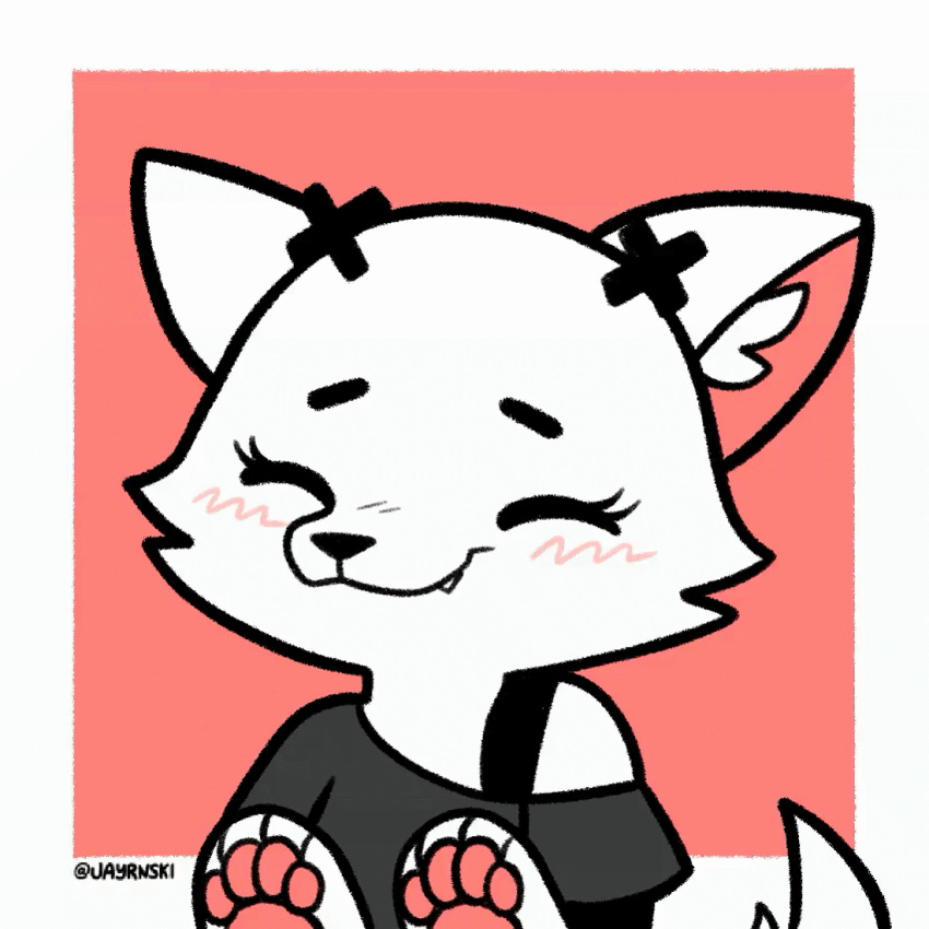 1:1 2023 animated anthro arctic_fox blush canid canine cheek_tuft clothed clothing cute_fangs eyelashes facial_tuft female fox fur inner_ear_fluff jayrnski lgbt_pride looking_away mammal off_shoulder pawpads paws pride_colors short_playtime signature simple_background skye_(jayrnski) smile solo tail trans_(lore) trans_woman_(lore) transgender_pride_colors tuft white_body white_fur