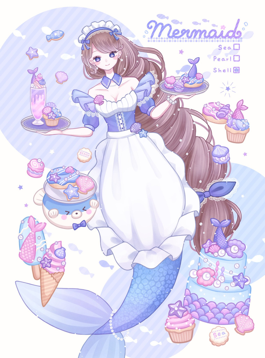 1girl apron ari_(oonmnmooo) blue_background blush_stickers bow bracelet braid brown_hair cake collarbone commentary cookie cup cupcake detached_collar doughnut dress drinking_glass earrings english_text fish food food_art full_body hair_bow highres holding holding_tray ice_cream ice_cream_cone jewelry lace_trim layer_cake long_hair macaron maid maid_headdress mermaid milkshake monster_girl off-shoulder_dress off_shoulder original pearl_bracelet pearl_earrings popsicle puffer_fish puffy_short_sleeves puffy_sleeves purple_bow purple_dress purple_eyes seashell shell short_sleeves single_braid smile soft_serve solo star_(symbol) starfish striped striped_background swept_bangs symbol-only_commentary tray very_long_hair waist_apron white_apron white_background