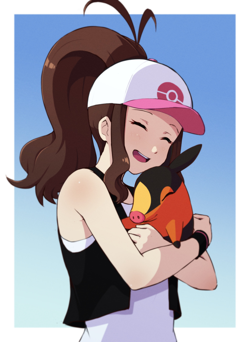 1girl :d antenna_hair baseball_cap black_vest black_wristband blue_background blush brown_hair closed_eyes commentary_request hat high_ponytail highres hilda_(pokemon) holding holding_pokemon long_hair open_mouth pokemon pokemon_(creature) pokemon_(game) pokemon_bw shirt sidelocks sleeveless sleeveless_shirt smile teeth tepig tongue umibato upper_body upper_teeth_only vest white_headwear white_shirt wristband