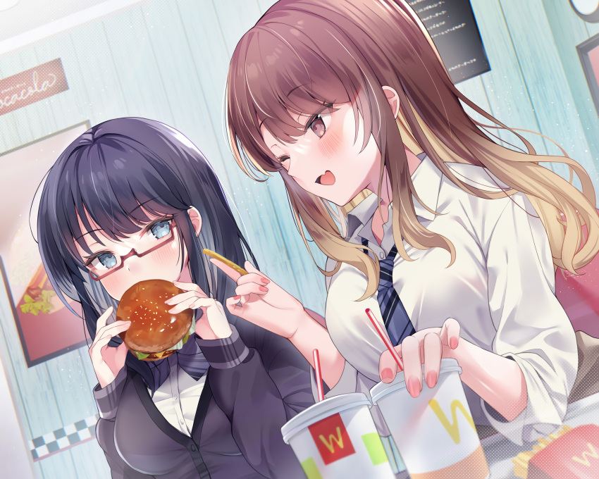 2girls absurdres black_cardigan black_hair blonde_hair blue_eyes blue_necktie blush brand_name_imitation brown_hair burger cardigan collared_shirt cup diagonal-striped_necktie disposable_cup eating ebihara_beniko fang food french_fries glasses gradient_hair highres holding holding_food long_hair mcdonald's multicolored_hair multiple_girls nail_polish necktie non-web_source original red-framed_eyewear school_uniform semi-rimless_eyewear shirt sitting skin_fang smile two-tone_hair under-rim_eyewear white_shirt