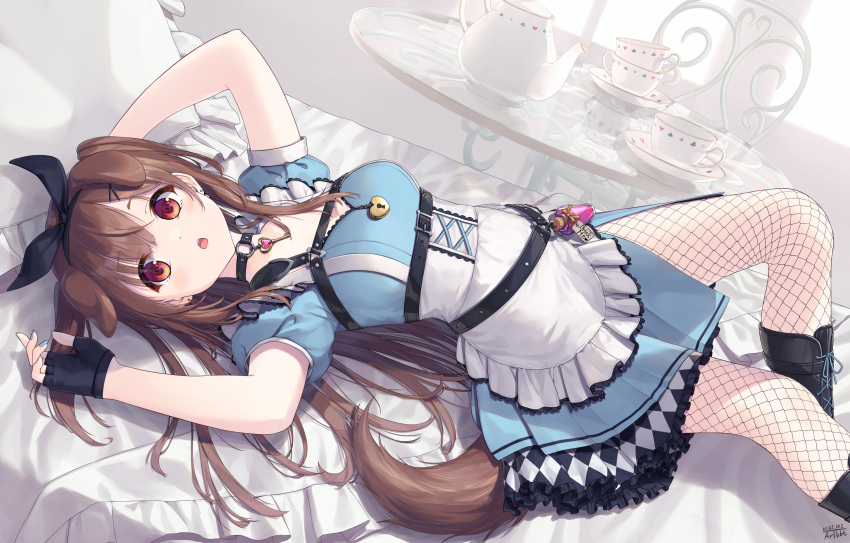 1girl absurdres animal_ears blue_dress blue_nails boots bottle breasts brown_eyes brown_hair dog_ears dog_tail dress fingerless_gloves fishnet_pantyhose fishnets gloves highres hololive inugami_korone inugami_korone_(6th_costume) long_hair lying medium_breasts on_back on_bed pantyhose table tail tea_set traveler_(artbbt) virtual_youtuber