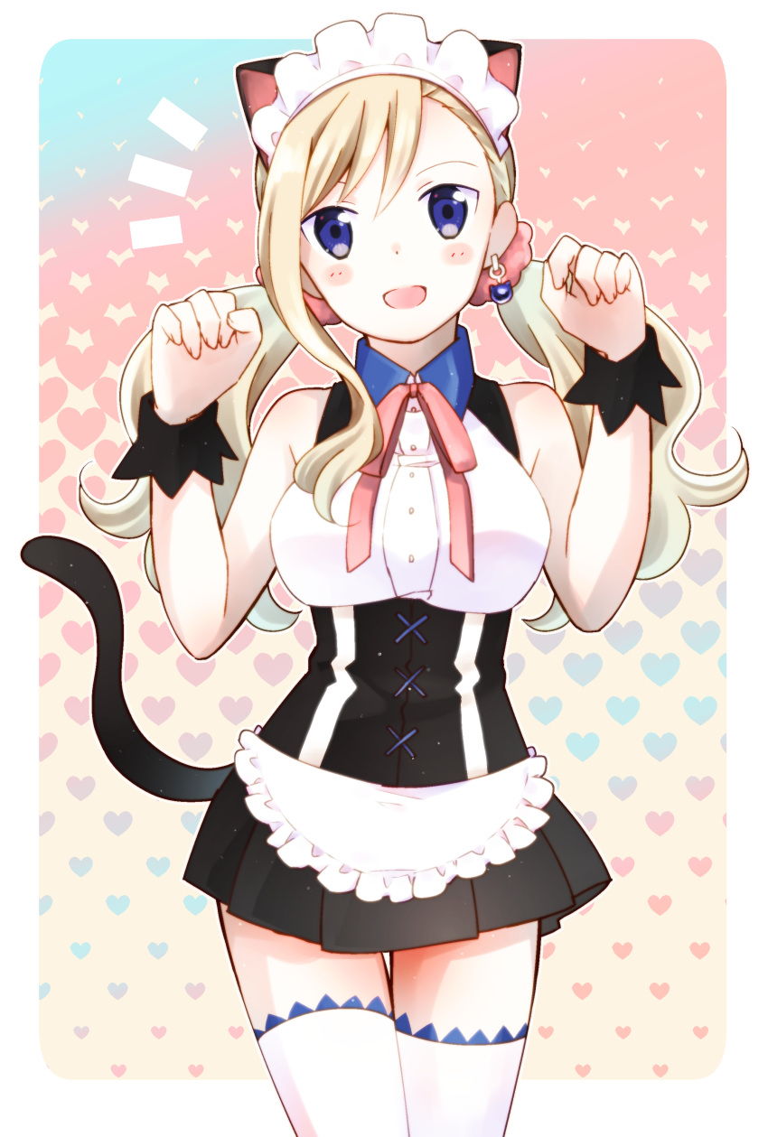1girl absurdres alternate_costume alternate_hairstyle animal_ears apron asuma_no black_skirt blonde_hair blue_eyes cat_ears cat_tail collared_shirt commentary_request cowboy_shot earrings eden's_zero enmaided fake_animal_ears fake_tail hair_ornament hair_scrunchie hair_up highres jewelry long_hair looking_at_viewer maid maid_headdress miniskirt neck_ribbon notice_lines open_mouth paw_pose pink_ribbon pink_scrunchie pleated_skirt rebecca_bluegarden ribbon scrunchie shirt single_sidelock skirt sleeveless sleeveless_shirt smile solo standing swept_bangs tail thighhighs twintails underbust waist_apron white_shirt white_thighhighs wrist_cuffs