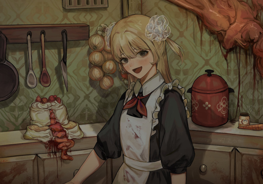 1girl apron black_dress black_eyes blonde_hair blood blood_on_clothes blood_on_wall blush cake cindymeimezu collared_dress commentary cowboy_shot dress flesh flesh_blood_&amp;_concrete food frilled_apron frills grate hair_ornament hair_scrunchie highres indoors kitchen kitchen_knife layer_cake long_hair looking_at_viewer looking_to_the_side neck_ribbon nika_(flesh_blood_&amp;_concrete) onion open_mouth organs puffy_short_sleeves puffy_sleeves red_ribbon ribbon scrunchie shadow short_sleeves smile solo two_side_up wallpaper_(object) white_apron