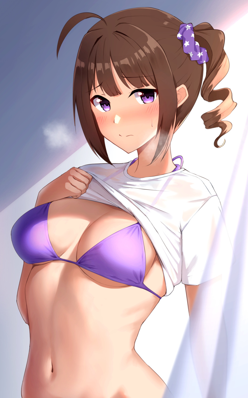 1girl ahoge arm_at_side bikini bikini_under_clothes blush breasts breasts_apart brown_hair closed_mouth clothes_lift commentary_request curtains drill_hair drill_ponytail hair_ornament hair_scrunchie halterneck hand_on_own_chest hand_up heavy_breathing highres idolmaster idolmaster_million_live! indoors karua_(karua23) lifted_by_self looking_at_viewer medium_breasts navel print_scrunchie purple_bikini purple_eyes purple_scrunchie raised_eyebrows ribs scrunchie see-through shirt shirt_lift short_hair short_sleeves side_ponytail sidelocks solo standing stomach swimsuit transparent underboob upper_body wavy_mouth white_shirt yokoyama_nao