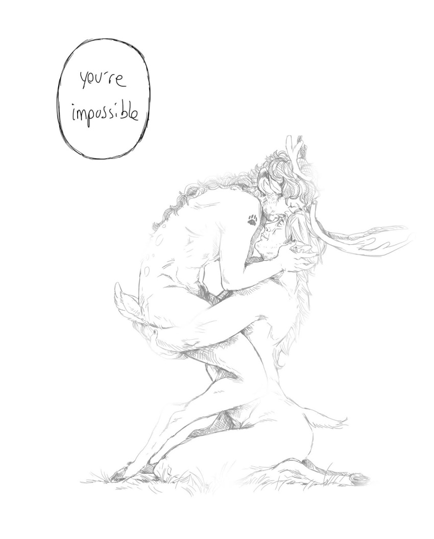 animal_humanoid antlers comic deer deer_humanoid duo english_text faun flyingrotten hi_res hooves horn humanoid male male/male mammal mammal_humanoid monochrome nude romantic romantic_couple text