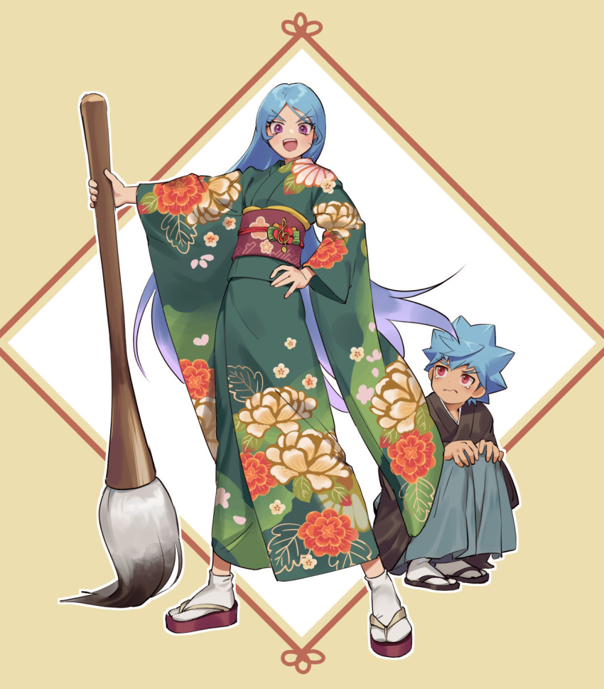 1boy 1girl aruk blue_hair calligraphy_brush floral_print green_kimono hand_on_own_hip highres japanese_clothes kamijou_haruka kamijou_tatsuhisa kimono long_hair looking_at_viewer paintbrush purple_eyes red_eyes siblings squatting tabi teardrop very_long_hair yu-gi-oh! yu-gi-oh!_sevens