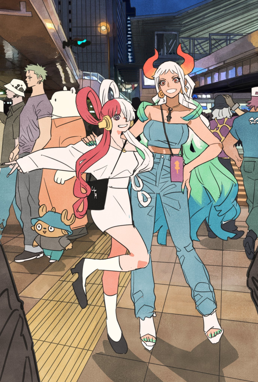 2girls 6+boys alternate_costume bag bepo blue_tube_top casual denim fullbody_(one_piece) gradient_hair green_hair grin hair_rings hand_on_another's_shoulder highres horns jango_(one_piece) jeans long_hair looking_at_viewer multicolored_hair multiple_boys multiple_girls off-shoulder_shirt off_shoulder one_piece oni_horns outdoors pants red_hair roronoa_zoro shirt shoulder_bag skirt smile split-color_hair standing strapless tactile_paving takeuchi_ryousuke tony_tony_chopper trafalgar_law tube_top uta_(one_piece) v very_long_hair walking white_hair white_shirt white_skirt yamato_(one_piece)