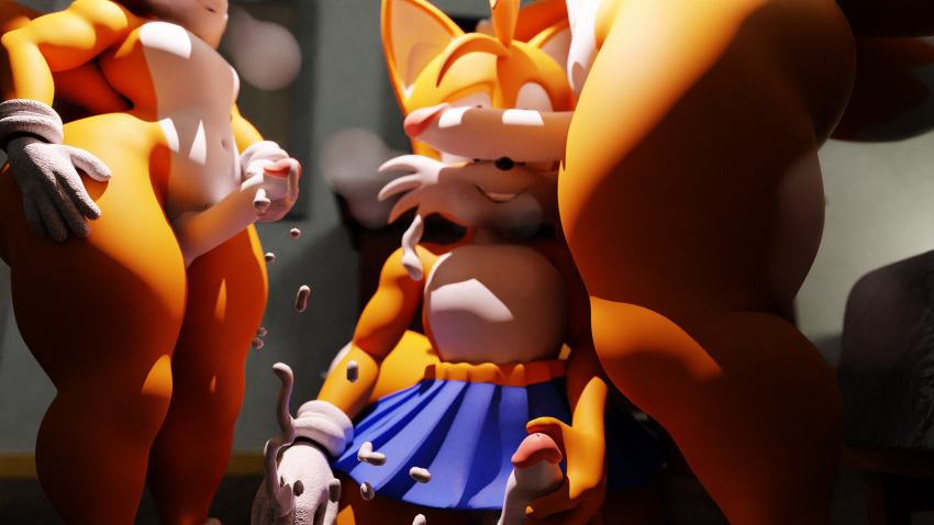 absurd_res bodily_fluids bottomwear canid canine clothing cum dick_on_face erection fox genital_fluids genitals gloves group handwear hi_res huge_filesize kneeling male mammal miles_prower muscular nude sega skirt smile sonic_the_hedgehog_(series) standing thicchips trio wide_hips
