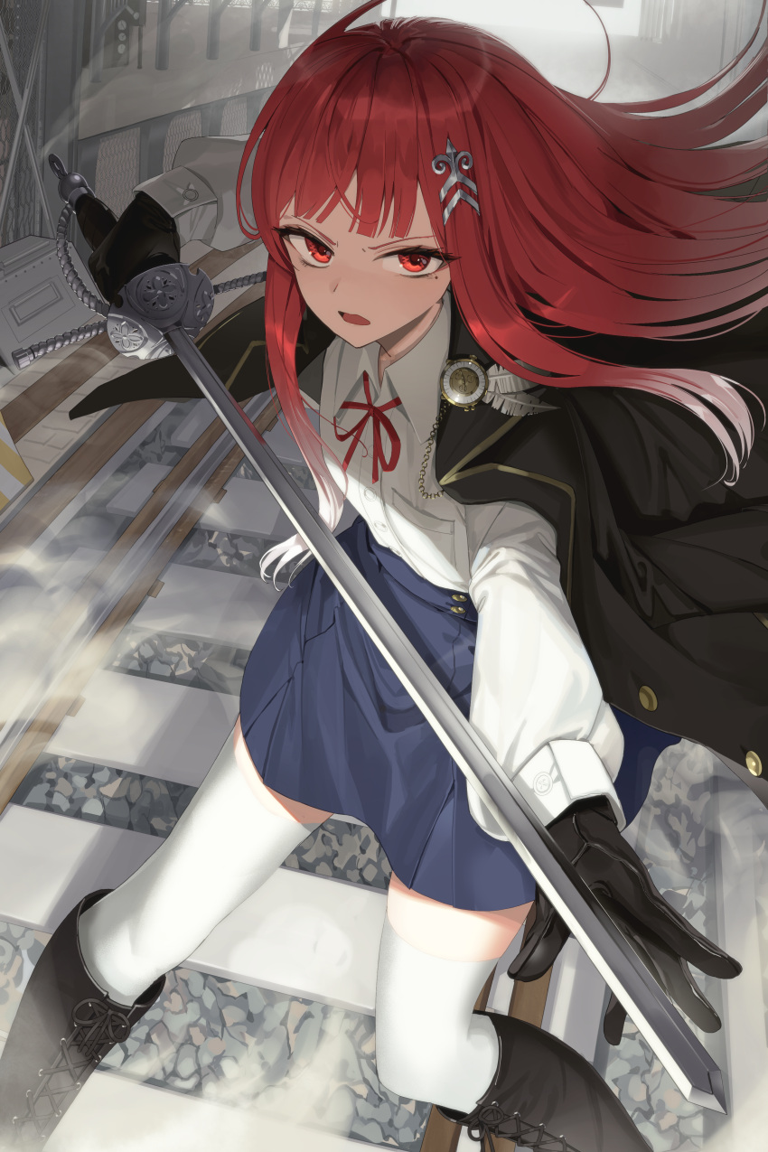 1girl absurdres black_gloves blunt_bangs commission gloves goback gradient_hair hair_ornament highres jacket jacket_on_shoulders long_hair looking_at_viewer mole mole_under_eye multicolored_hair open_clothes open_jacket open_mouth original railroad_tracks red_eyes red_hair shirt skirt solo sword thighhighs weapon white_shirt white_thighhighs