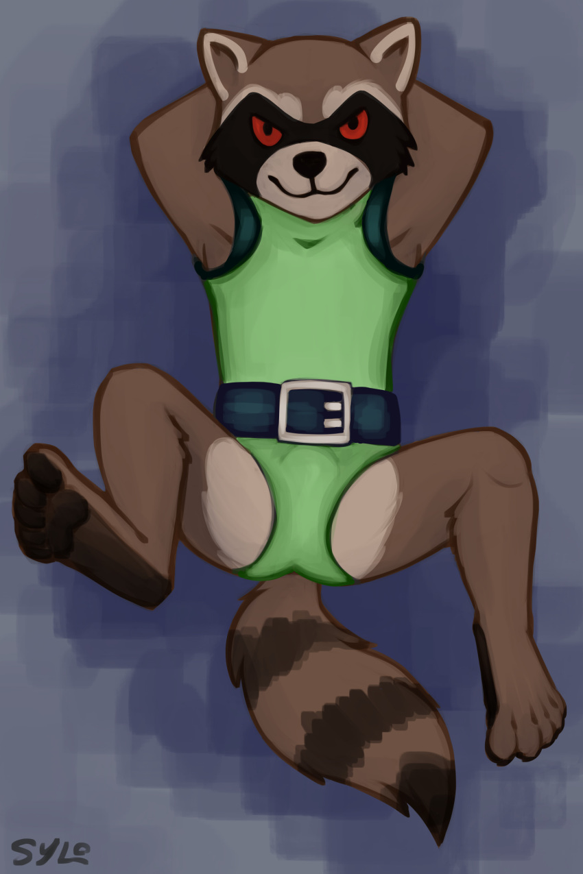2023 absurd_res anthro bulge clothed clothing countershade_feet countershading digital_media_(artwork) feet fur guardians_of_the_galaxy hi_res hindpaw leotard looking_at_viewer male mammal marvel paws procyonid raccoon red_eyes rocket_raccoon simple_background smile solo sylo tail