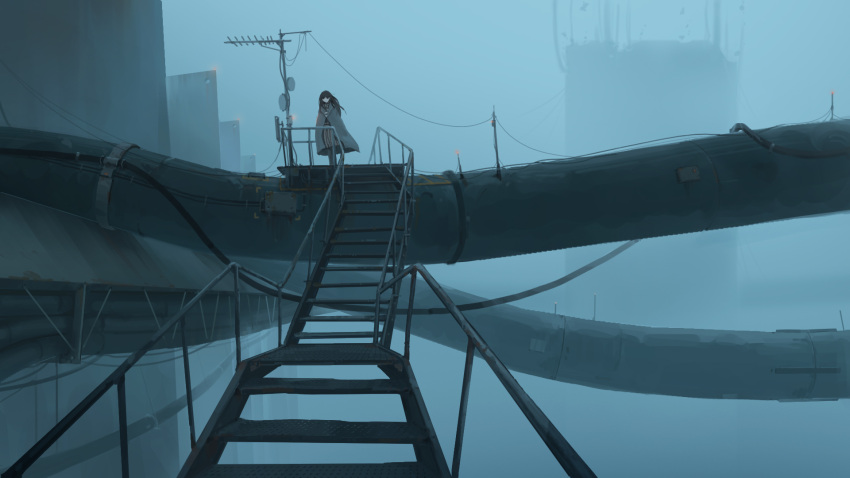 1girl black_hair city cityscape cloak commentary_request grey_cloak hang000 highres industrial_pipe long_hair original outdoors power_lines scenery science_fiction solo stairs standing