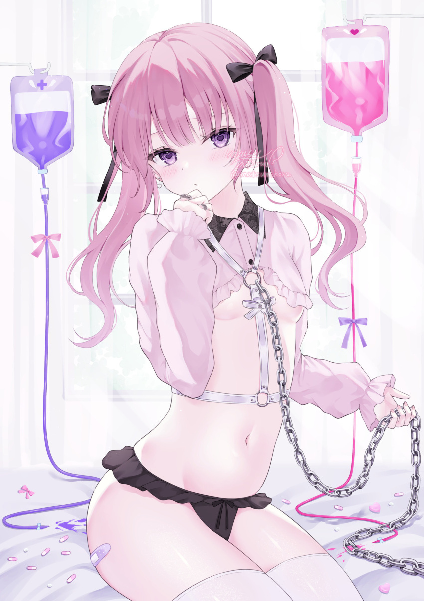 1girl absurdres bandaid bandaid_on_leg black_panties black_ribbon blush breasts chain closed_mouth commentary earrings frilled_panties frills hair_ribbon hand_up heart heart-shaped_pupils heart_earrings highres holding holding_chain intravenous_drip jewelry long_hair long_sleeves looking_at_viewer murur_(matsumikoru) navel o-ring original panties pill pink_hair puffy_long_sleeves puffy_sleeves purple_eyes ribbon ring shrug_(clothing) sitting small_breasts solo stomach symbol-only_commentary symbol-shaped_pupils thighhighs twintails underboob underwear watermark white_thighhighs