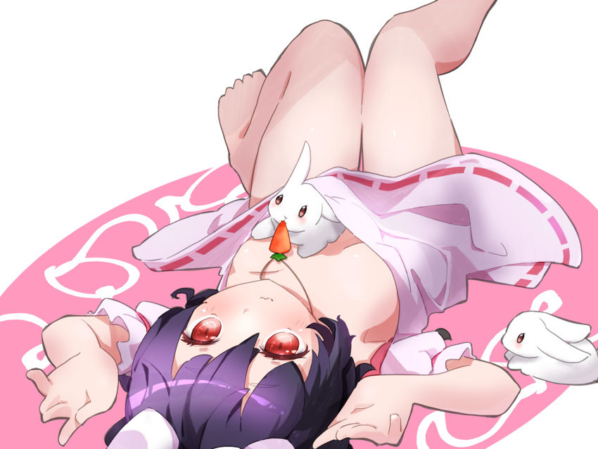 1girl :3 \||/ animal_ears bad_feet bad_hands bad_perspective bare_legs barefoot black_hair breasts carrot_necklace chikuzen1996 dress foot_out_of_frame hands_up highres inaba_tewi jewelry knees_up legs_up lying necklace on_back pink_dress puffy_short_sleeves puffy_sleeves rabbit rabbit_ears rabbit_pose red_eyes short_hair short_sleeves simple_background small_breasts solo touhou upside-down