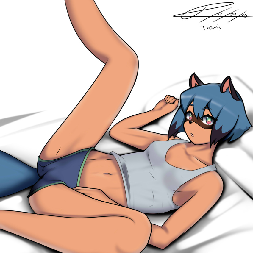 absurd_res anthro bed bottomwear brand_new_animal canid canine clothing crop_top female furniture hi_res hotpants lying lying_on_bed mammal michiru_kagemori navel on_back on_bed raccoon_dog shirt shorts solo studio_trigger t-mimi tanuki topwear