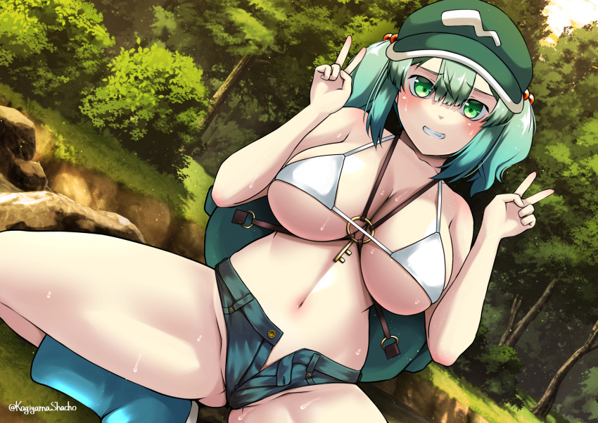 1girl alternate_costume backpack bag black_shorts blue_eyes blue_footwear blue_hair blush boots breasts cleavage commentary_request double_v flat_cap foot_out_of_frame forest green_headwear grin hair_bobbles hair_ornament hat head_tilt highres jewelry kagiyama_shachou kawashiro_nitori key_necklace large_breasts looking_at_viewer medium_hair midriff nature navel necklace outdoors short_shorts shorts sidelocks smile solo squatting sweat touhou tree twitter_username two_side_up v