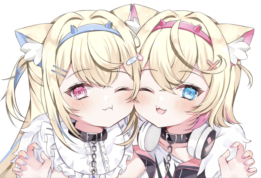 2girls :3 :t animal_collar animal_ears bandaid_hair_ornament black_collar black_jacket blonde_hair blue_eyes blue_hair blue_hairband blue_nails blush breasts cheek-to-cheek cheek_press claw_pose collar crossed_bangs dog_ears double-parted_bangs fake_horns fur-trimmed_jacket fur_trim fuwawa_abyssgard hair_between_eyes hair_intakes hair_ornament hairband hairclip headphones headphones_around_neck heads_together highres hololive hololive_english horns jacket large_breasts long_hair looking_at_viewer mococo_abyssgard multicolored_hair multiple_girls nail_polish open_mouth pink_eyes pink_hair pink_nails short_hair siblings sisters spiked_collar spikes streaked_hair twins two_side_up upper_body virtual_youtuber x_hair_ornament yomomaru