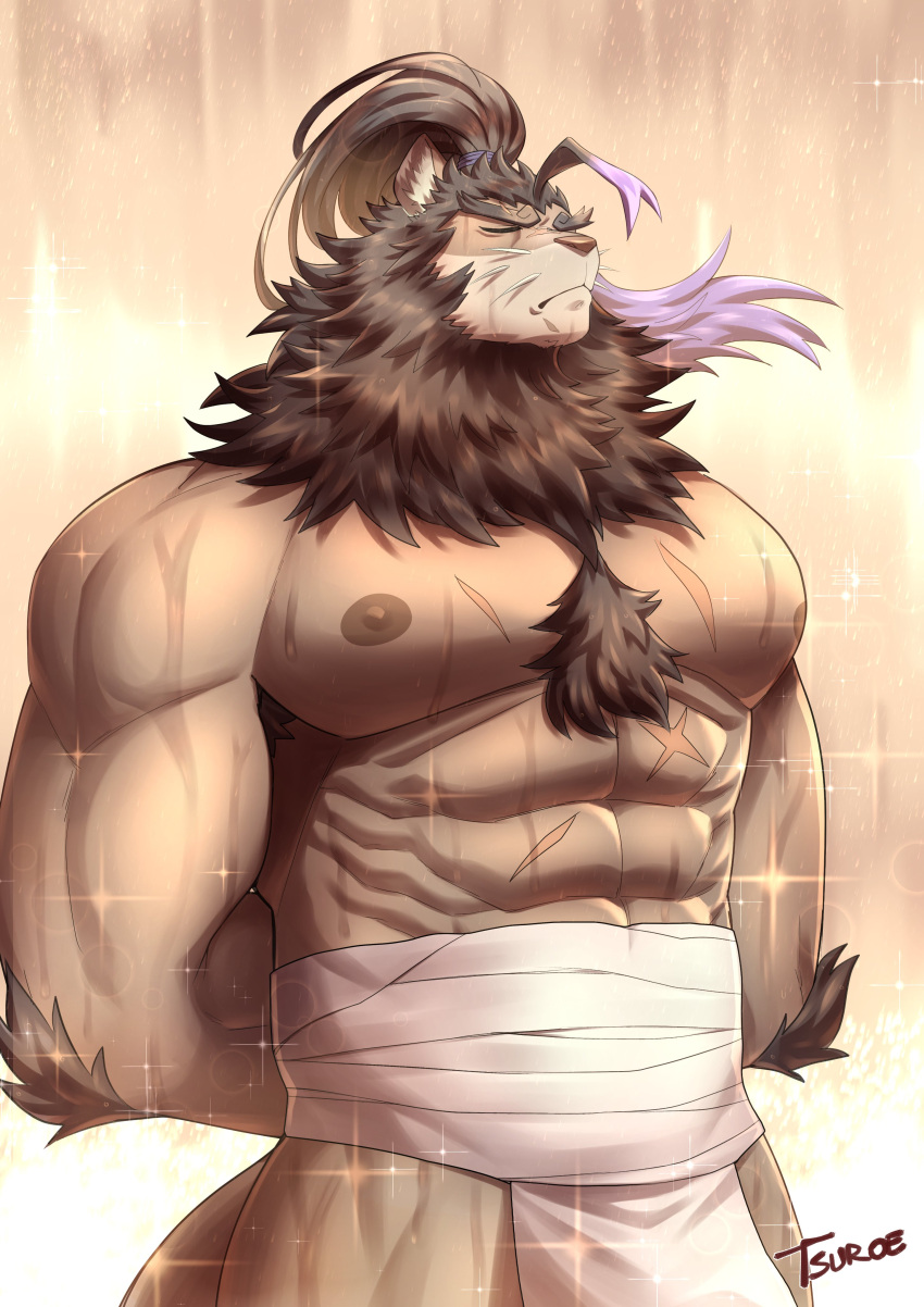 abs absurd_res anthro body_hair brown_body brown_fur brown_hair chest_hair chest_wraps chuurow felid fur hair hi_res lifewonders lion live_a_hero male mammal muscular muscular_anthro muscular_male nipples pantherine pecs ponytail scar solo toshu wraps