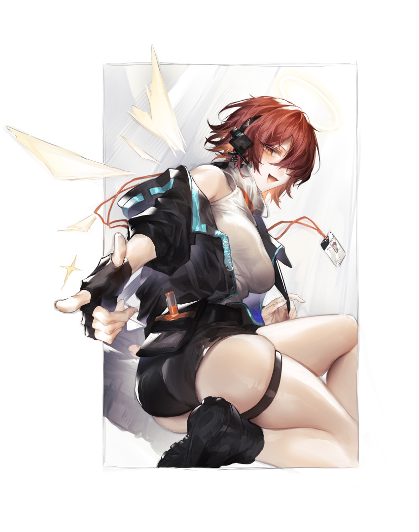 1girl absurdres alternate_breast_size arknights ass black_gloves black_shorts border breasts detached_wings energy_wings exusiai_(arknights) fingerless_gloves gloves hair_over_one_eye halo highres id_card lanyard large_breasts looking_at_viewer outside_border pointing pointing_at_viewer red_eyes red_hair shirt short_hair short_shorts shorts simple_background skindentation sleeveless sleeveless_shirt solo takano_jiyuu thigh_strap white_border white_shirt wings yellow_eyes